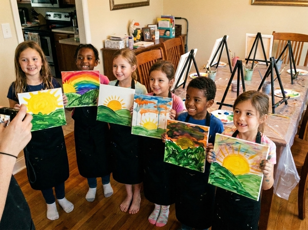 Kids proudly holding up their finished paintings at a Bravaura art party
