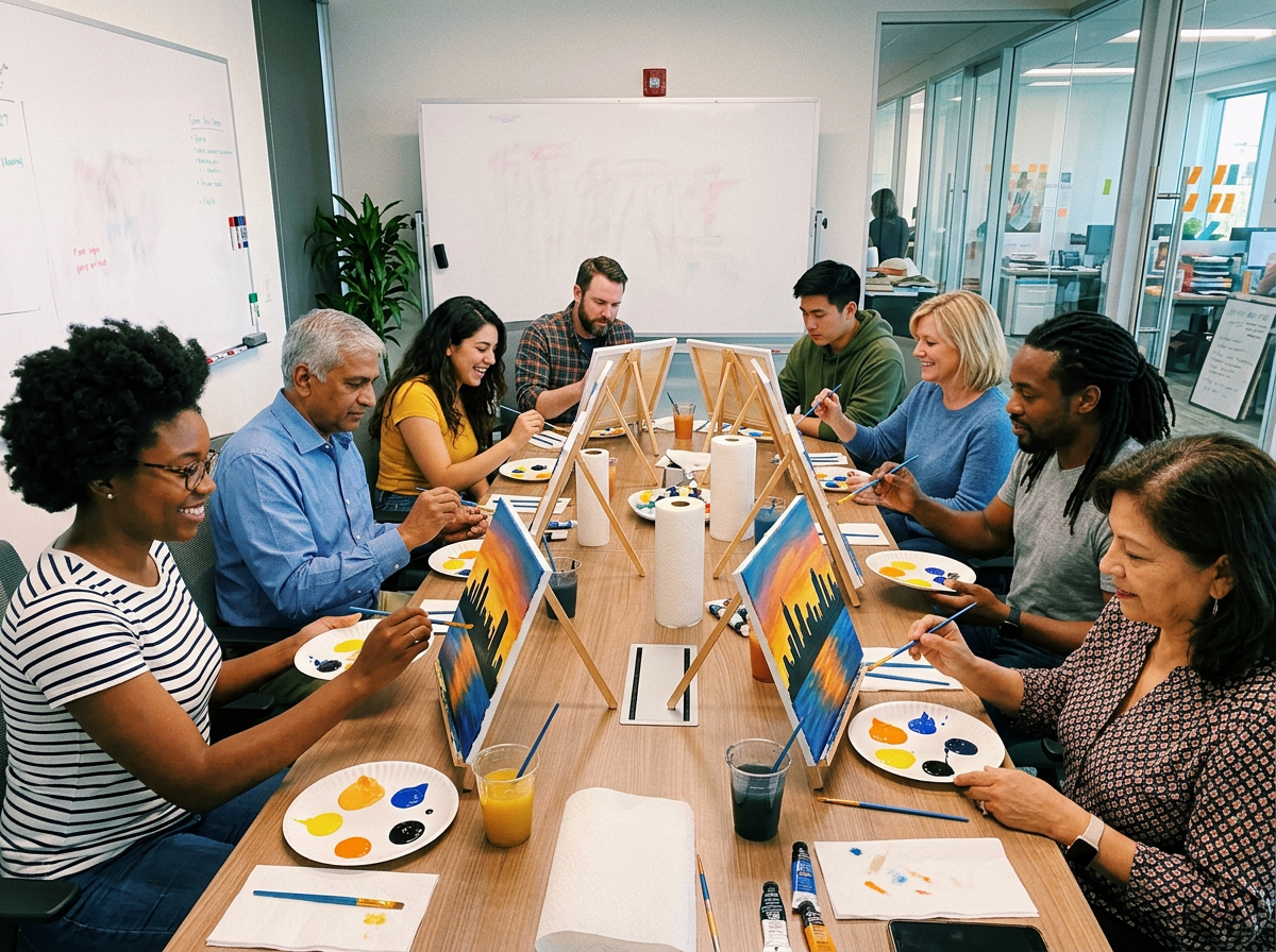 Coworkers painting together