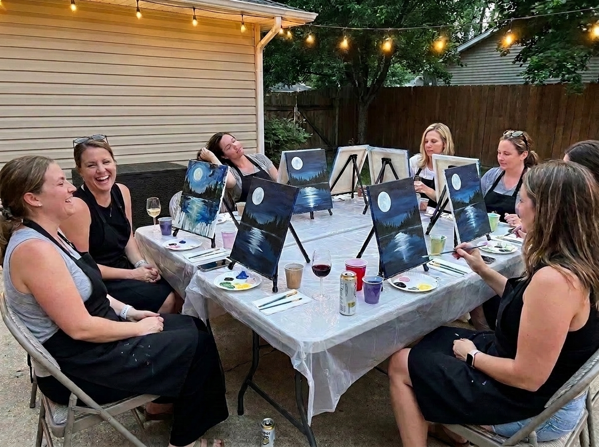 Adults at a paint and sip night